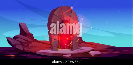 Magisches Portal auf felsiger Insellandschaft. Vektor-Cartoon-Illustration des Steinbogens auf Bergplattform, heiße Lava auf dem Boden, brennende Funkeln glühend im Tunnel, Straße zur Hölle, Abenteuer Spiel Hintergrund Stock Vektor