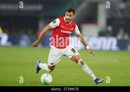 Alkmaar, Niederlande. Oktober 2023. Vangelis Pavlidis (AZ) Fußball/Fußball : UEFA Europa Conference League Gruppenspiel der Gruppe E zwischen AZ Alkmaar 1-4 Aston Villa FC im AZ Stadion in Alkmaar, Niederlande . Quelle: Mutsu Kawamori/AFLO/Alamy Live News Stockfoto