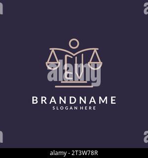 EV-Initialen kombiniert mit der Skala der Gerechtigkeit-Ikone, Design-Inspiration für Anwaltskanzleien in einem modernen und luxuriösen Stil, Vektorgrafik Stock Vektor