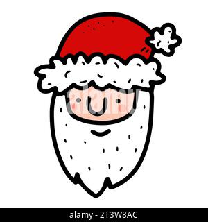 Kritzeln Sie Den Weihnachtsmann. Handgezeichneter bärtiger Mensch auf weißem Hintergrund. Avatar mit lustigem Gesicht. Cartoon festlich lächelnder Vater. Niedliches männliches Porträt. Mann mit Hut, Bär Stock Vektor