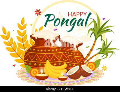 Glückliche Pongal Vektor-Illustration der traditionellen Tamil Nadu Indien Festival Feier mit Zuckerrohr und Platte der religiösen Requisiten in flachem Hintergrund Stock Vektor