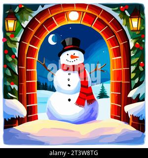 Tür mit Lampenpfosten Schneemann und Weihnachtsdekoration in schneit Winter Szene Landschaft Vektor Illustration Stock Vektor