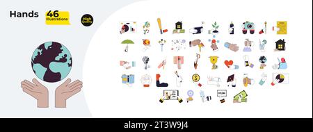 Hände tun verschiedene Dinge lineare Zeichentrickfiguren Hände Illustrationspaket Stock Vektor