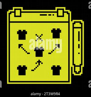 Symbol für Pixelsilhouette. Tablet mit Plan-Diagramm der Anordnung der Spieler auf dem Fußballfeld. Trainer von Teamspielern während des Spiels. Einfache bl Stock Vektor