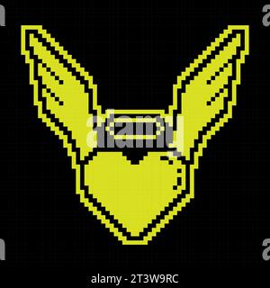 Symbol für Pixelsilhouette. Inspiriertes Herz des Menschen in der Liebe. Herzsymbol mit Flügeln und Halo. Einfacher schwarzer und gelber Vektor isoliert Stock Vektor
