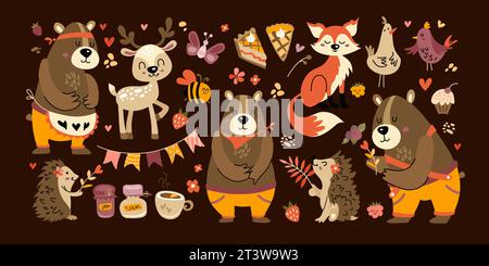 Cartoon mit niedlichem Tierset im Wald. Farbenfrohe Herbstfiguren - Bär, Fuchs, Hirsch, Igel. Stock Vektor