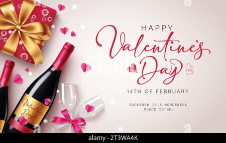 Happy valentinstag Text Vektor Design. Valentinstag-Grußkarte mit Weinflasche und Party-Glas für Paar für Hochzeitstag und Hochzeit Stock Vektor