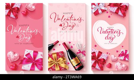 Happy valentine's Day Text Vektor Poster Set. Valentinstag Geschenkanhänger und Grußkarten mit Geschenkbox und Weindekorationselement Stock Vektor