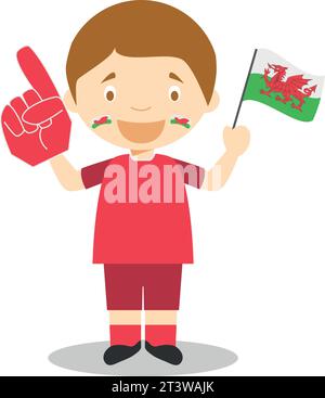 Fan der Nationalmannschaft aus Wales mit Flagge und Handschuh Vektor-Illustration Stock Vektor