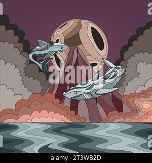 Haie fliegen am Himmel um den Berg herum. Stock Vektor