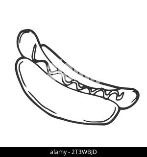 Vektorabbildung. Handgezeichnetes Kritzelchen von Hot Dog mit Senf. Ungesunde Nahrung. Zeichentrickskizze. Dekoration für Menüs, Schilder, Vitrinen, Begrüßung Stock Vektor