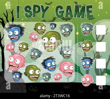 Eine Vektor-Zeichentrick-Illustration Stil I-Spy Spielvorlage mit einem Halloween Zombie Thema Stock Vektor