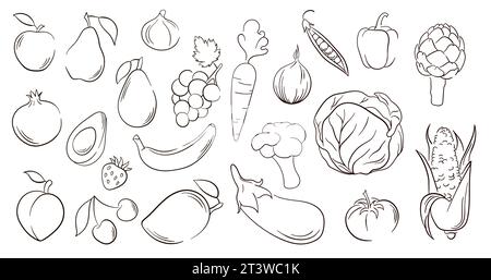 Gemüse und Obst im Line Art Stil. Große Auswahl an handgezogenem Gemüse, Obst und Beeren. Vektorillustration auf weißem Hintergrund isoliert. Stock Vektor