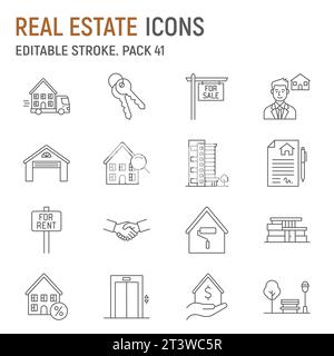 Immobilienlinie Symbolsatz, Haussammlung, Vektorgrafiken, Logo-Illustrationen, Immobilienvektorsymbole, Hausschilder, Umrisssymbole, bearbeitbare s Stock Vektor