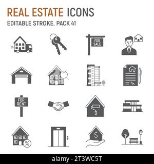 Immobilien-Glyphe-Symbol-Set, Haus-Sammlung, Vektorgrafiken, Logo-Illustrationen, Immobilien-Vektor-Symbole, Hausschilder, solide Piktogramme, editierbare St Stock Vektor
