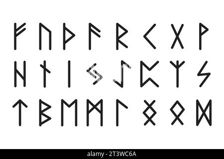 Setzen Sie Runen skandinavisches Alphabet, esoterische Symbole geheimnisvoll im Doodle-Stil isoliert auf weißem Hintergrund. . Vektorabbildung Stock Vektor