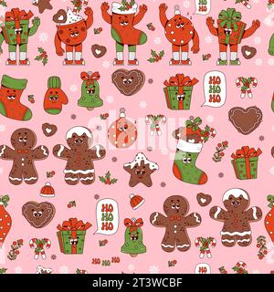 Grooviger Hippie Retro Weihnachten festliches nahtloses Muster mit Zeichentrickfiguren Geschenke, Strumpf, Lebkuchen, Weihnachtsball, Glocke auf rosa Hintergrund. Fröhlich Stock Vektor