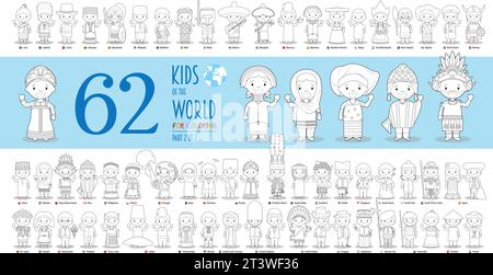 Kids of the World Vector Characters Collection Teil 2: Set mit 62 Kindern verschiedener Nationalitäten zum Färben im Cartoon-Stil. Stock Vektor