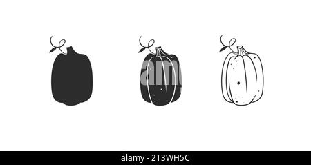 Hand gezeichnet Vektor abstrakte Grafik, schwarz-weiß Silhouette Herbst Gemüse, Ernte Thanksgiving und Halloween Kürbis Set. Halloween Umriss Herbst Stock Vektor