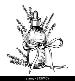 Ätherisches Lavendelöl. Hand gezeichnete lineare Vektor-Illustration der Vintage-Flasche für Aromatherapie in Schwarz-weiß-Farben. Zeichnung von altem Flakon mit Blumen für die kosmetische oder alternative Medizin. Stock Vektor