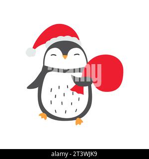 Illustration des Weihnachtspinguins im Weihnachtsmann-Hut mit Geschenktüte Stock Vektor