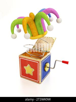 Witz-Überraschungsbox mit Narrenhut isoliert auf weißem Hintergrund. 3D-Abbildung. Stockfoto