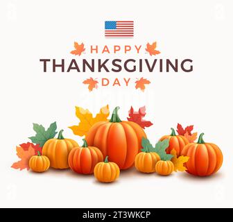 Banner zum Thanksgiving-Tag. Schöner Hintergrund mit realistischen 3D-Kürbissen, USA-Flagge, Herbstlaub. Toll für Thanksgiving-Urlaubsposter, Sozia Stock Vektor