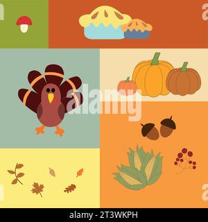 Thanksgiving-Symbole. Vektorsatz von Herbstelementen mit truthahn, Kürbis, Mais, Blatt, Kuchen. Alles Gute an Thanksgiving. Erntefest. Grußkarte. Stock Vektor