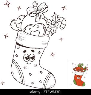 Weihnachtsstrumpf mit Geschenken, Lebkuchen, Karamell und Ball. Coole Retro-Zeichentrickfigur. Vektorabbildung. Lineare Zeichnung, Malbuch. Kinder c Stock Vektor
