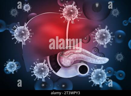 Menschliche Leber mit Hepatitis-Viren. 3D-Abbildung Stockfoto