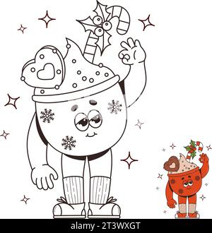 Weihnachten Retro Cartoon heißer Tasse Kakao. Grooviger Retro-Charakter im Stil der 60er, 70er Jahre. Vibes Vektor-Illustration. Lineare Farbzeichnung. Kinderkollektion. Stock Vektor