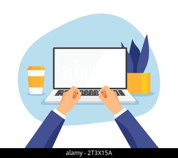 Arbeitsplatz mit menschlichen Händen, Vorderansicht. Laptop mit leerem Bildschirm. Mann arbeitet am Computer. Flache Vektor-Illustration Vorlage in einem trendigen flachen Stil. Stock Vektor