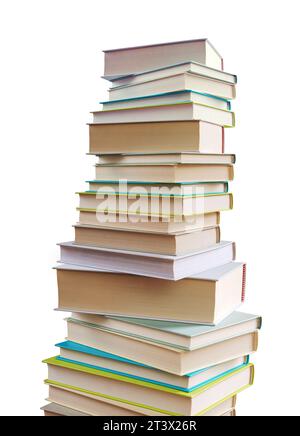 Viele gestapelte Bücher auf blauem Hintergrund, Lern- und Lesekonzept Stockfoto