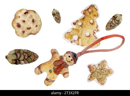 Handgezeichnete Aquarellillustration. Hausgemachte Kekse, Lebkuchenmann, Weihnachtsbaum, glasierter Stern, Tannenzapfen. Zusammensetzung isoliert auf Stockfoto