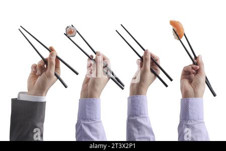 Handset mit Essstäbchen und Sushi, japanisches Lebensmittelkonzept Stockfoto