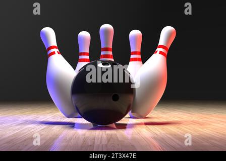 Bowlingkugel schlägt auf die Bolzen. Stockfoto