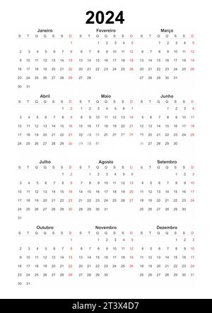 Kalender Portugiesisch 2024, einfaches Designelement für Organisatoren, Planer, Tagebuch, Agenda Stockfoto