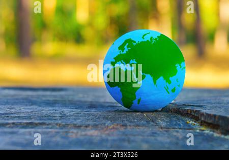 Der Globus steht friedlich auf einem Baumstumpf im Herzen des Waldes und symbolisiert die Harmonie von Natur und Welt. Stockfoto