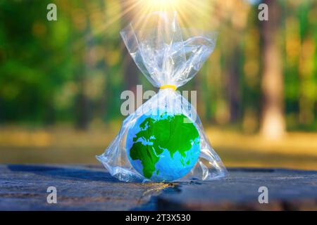 Auf einem Waldstumpf befindet sich eine kleine Kugel, die in einer durchsichtigen Kunststoffverpackung eingeschlossen ist. Umweltschutzkonzept. Stockfoto