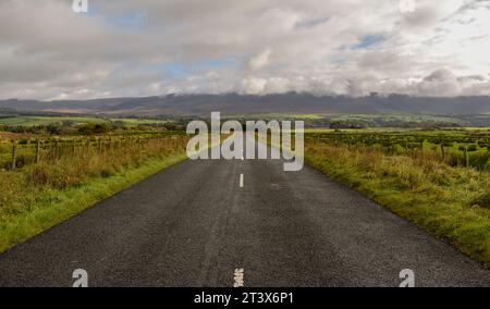 Ein gerades Stück Asphaltstraße durch die Landschaft mit weit entfernten Fjällen, die leicht von niedrigen Wolken bedeckt sind. Stockfoto