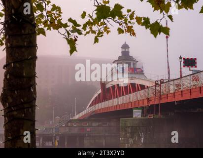 Newcastle-Schwingbrücke am nebeligen Morgen, eingerahmt von Herbstlaub-Landschaftsformat Stockfoto