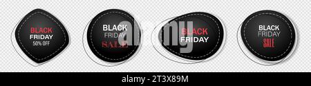 Ein Set Aufkleber für Black Friday, Verkauf auf weißem Hintergrund. Rabattaufkleber, Werbeabzeichen, Handelsetikett. Stock Vektor