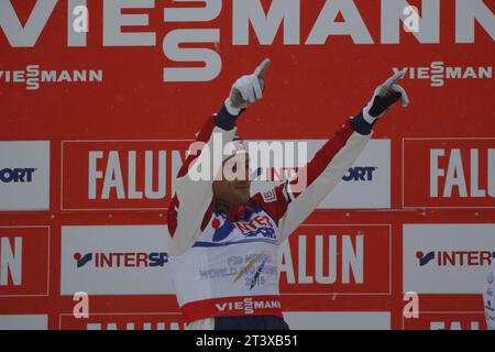 Viessmann Werbebanden FIS NORDISCHE SKI-WELTMEISTERSCHAFT 2015 in Falun, Schweden am 01.03.2015 Stockfoto