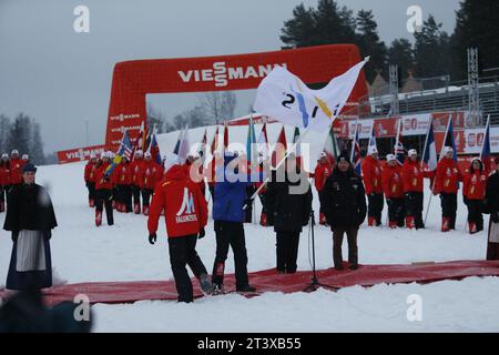 Viessmann Werbebanden FIS NORDISCHE SKI-WELTMEISTERSCHAFT 2015 in Falun, Schweden am 01.03.2015 Stockfoto