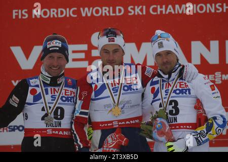 Viessmann Werbebanden FIS NORDISCHE SKI-WELTMEISTERSCHAFT 2015 in Falun, Schweden am 01.03.2015 Stockfoto