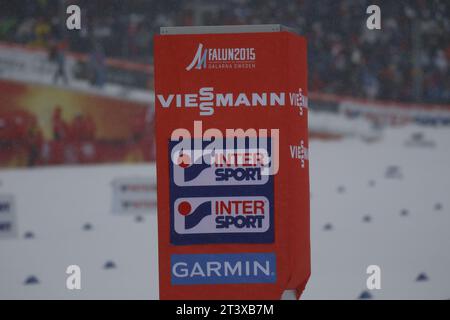 Viessmann Werbebanden FIS NORDISCHE SKI-WELTMEISTERSCHAFT 2015 in Falun, Schweden am 01.03.2015 Stockfoto
