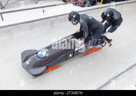 Steven Holcomb und Adam Clark USA Aktion BMW FIBT Weltmeisterschaften Bob und Skeleton 2015 in Winterberg, Deutschland am 01.03.2015 Stockfoto