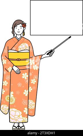 Hatsumode bei Neujahrs- und Coming-of-Age-Zeremonien, Abschlusszeremonien, Hochzeiten usw., Frau in Furisode, die auf ein Whiteboard mit einem Anklagepunkt zeigt Stock Vektor