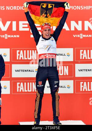Johannes Rydzek Weltmeister Jubel bei Siegerehrung FIS NORDISCHE SKI-WELTMEISTERSCHAFT 2015 in Falun, Schweden am 20.02.2015 Stockfoto