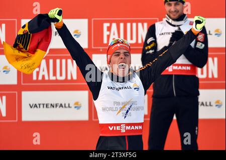 Johannes Rydzek Weltmeister Jubel bei Siegerehrung FIS NORDISCHE SKI-WELTMEISTERSCHAFT 2015 in Falun, Schweden am 20.02.2015 Stockfoto